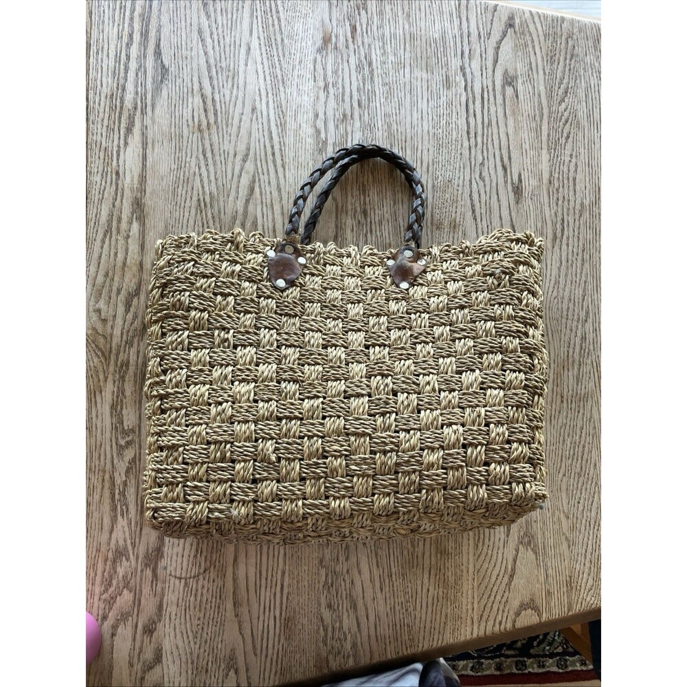 Vintage Woven Wicker Straw Handbag with Leather Handles & Metal Rivets